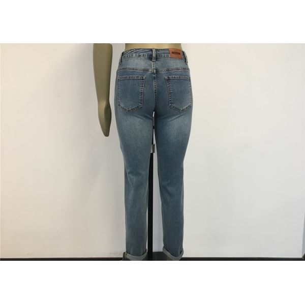 Light Wash Straight Leg Ladies Denim Jeans With Hem Rolled Cotton Strench Denim