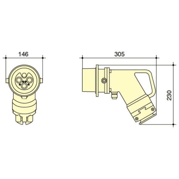 PowerSyntax Shore Power High Current Industrial Male Plug Angled Type 4P 250A 400V IP67 Part No. MB250A-AP-B