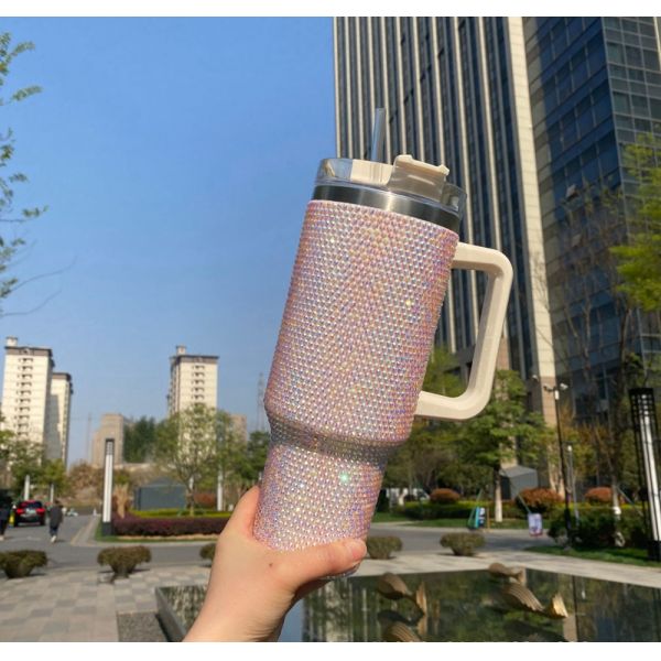 Customizable Reusable Cold Color 300ml/400ml Double Wall Cup with Diamond Studded Lid