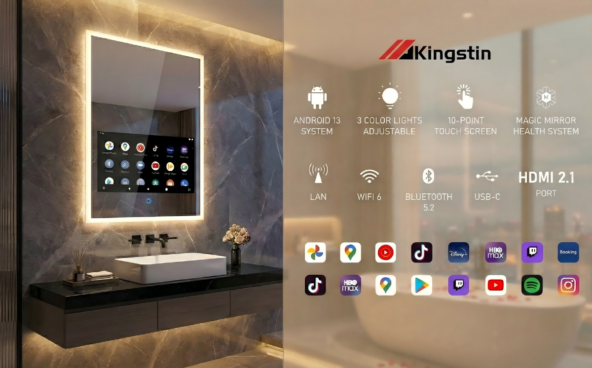 Kingstin Smart Bathroom Mirror Cabinet with Built-in TV & Storage, Android OS Touchscreen Magic Mirror