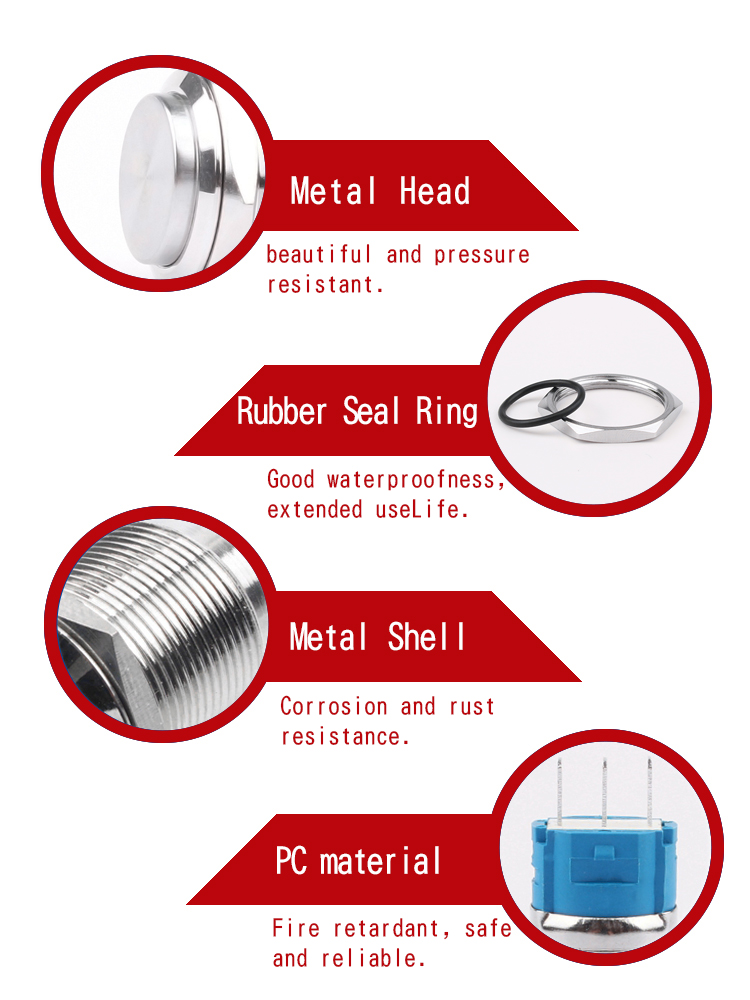 HONGYE HYBD19-PS Dia 19mm Stainless Steel Waterproof Push Button 3 Pin 1NO1NC IP65 Self-Locking Electronic Structure 250V LED