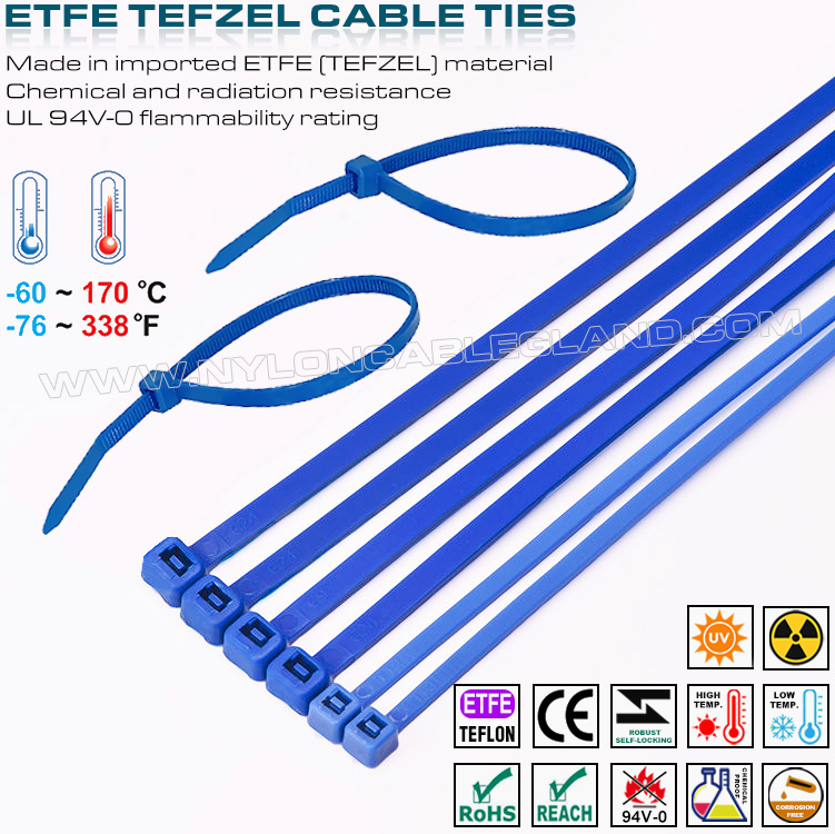 Blue Teflon Cable Tie 200 x 4.8mm, 94V-0 ETFE Cable Tie 50 Lbs Chemical Resistant Tefzel Cable Tie for Extreme Environments Blue Teflon Cable Tie 200 x 4.8mm, 94V-0 ETFE Cable Tie 50 Lbs Chemical Resistant Tefzel Cable Tie for Extreme Environments
