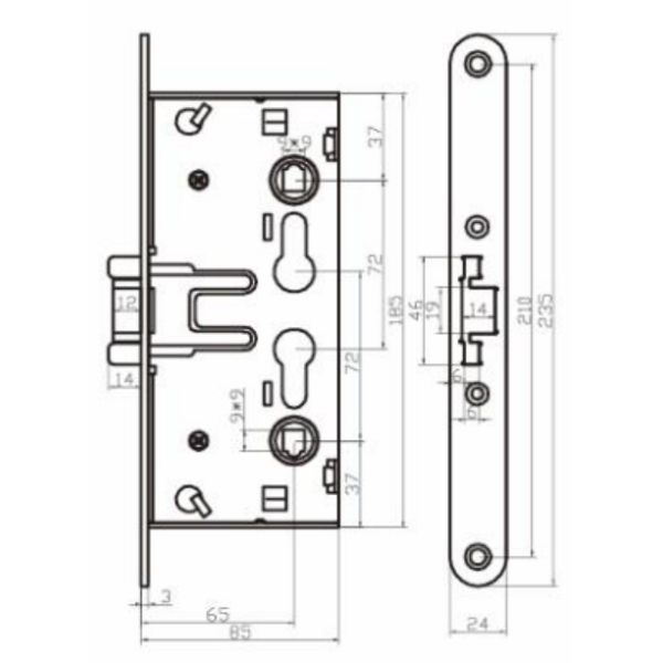 Recessed Installation Mortice Door Latch 35 - 50mm Door Anti Fire Cylinder Mortice Lock Body