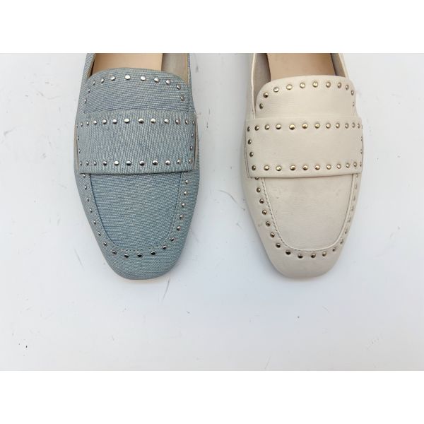 Soft Cow Ladies Genuine Leather Flat Shoes Beige With Studs Design