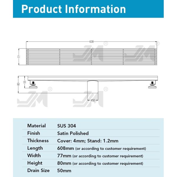 24 Inches Linear Shower Floor Drain With Removable Bars Pattern Grate