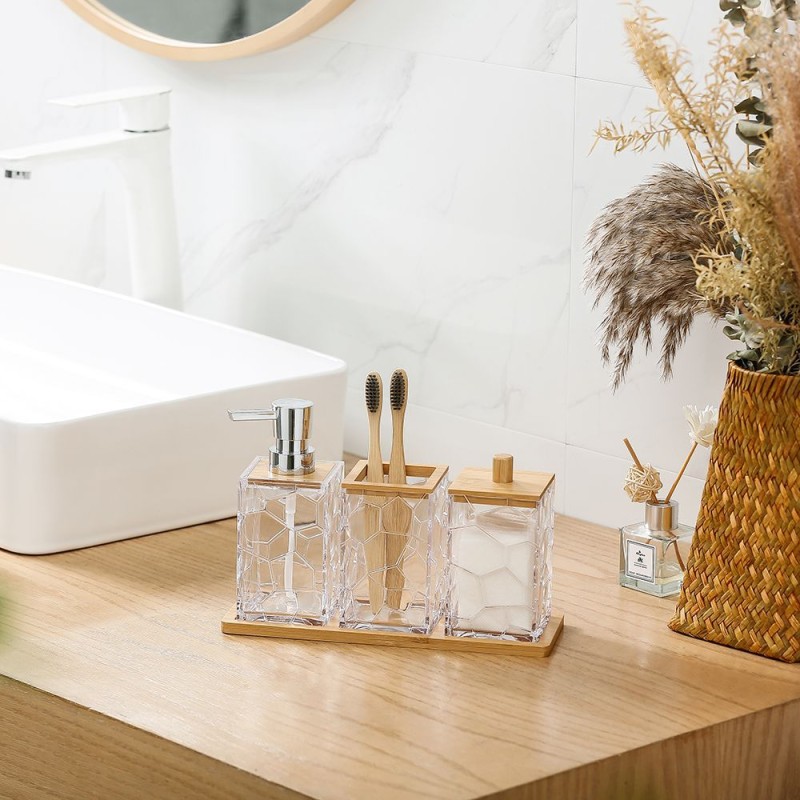 Stylish Transparent Acrylic 4 - Piece Bathroom Toiletry Set for Organizing Soap Toothbrushes Cotton Swabs