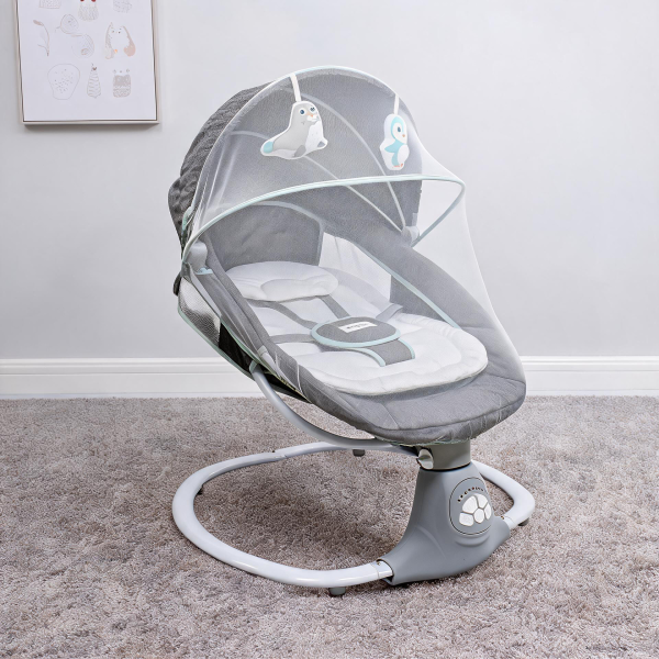 Electric Baby Swing Rocker with Mosquito Net Canopy | Infant Bouncer with Penguin Hanging Toys & Adjustable Backrest