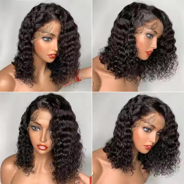Deep Wave Curly Short Bob Hair Wig Chocolate Brown Transparent Lace Front Wig