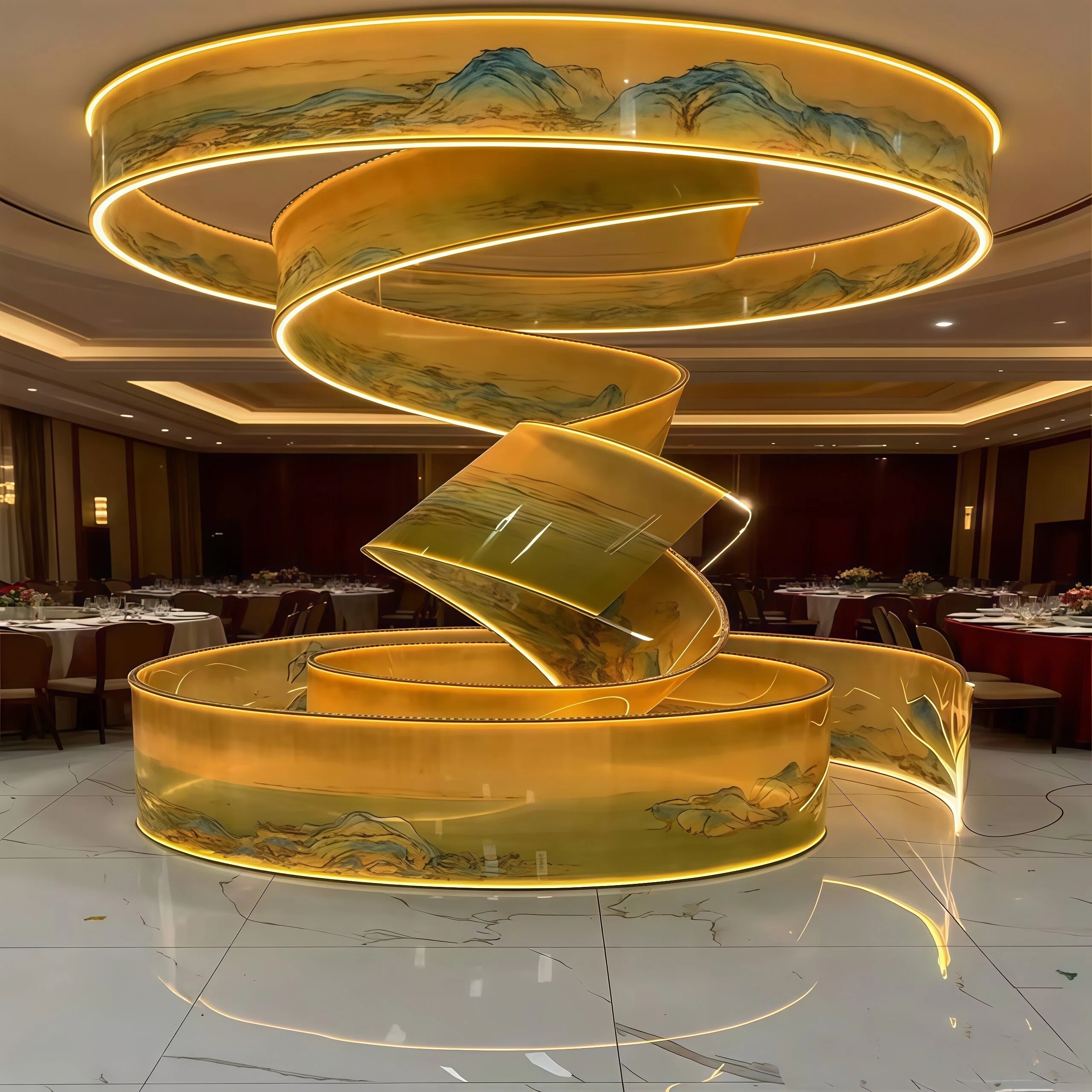 JYLIGHTING Chinese Landscape Printed PET Spiral Art Installation Light, Custom Curved Ribbon LED Sculpture Lighting for Banquet Hall & Hotel Lobby