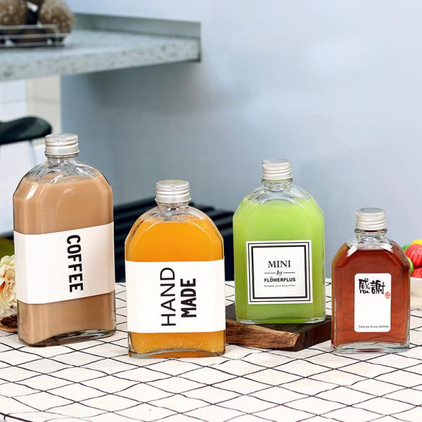 garrafa de vidro grossa de garrafa de vinho de 350ml Juice Glass Drinking Bottles Flat com tampa
