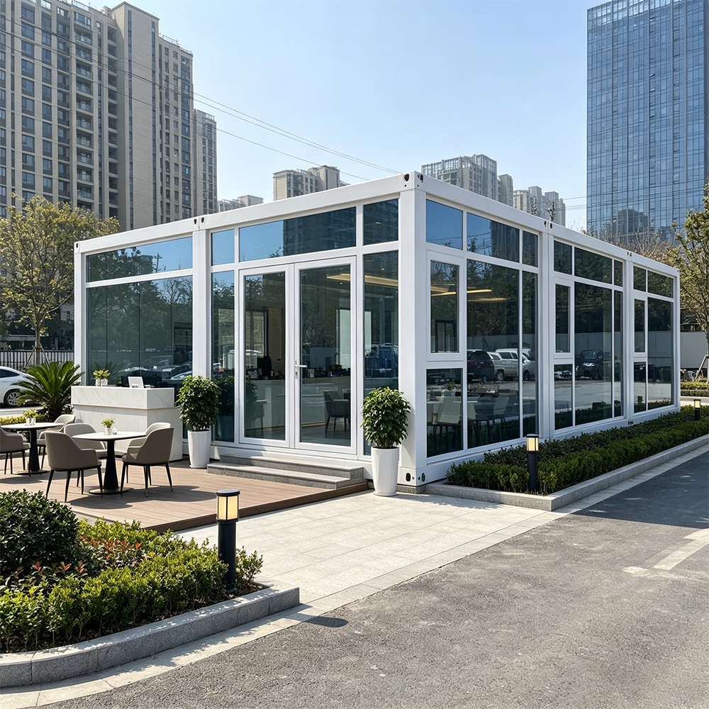 Modern Glass Wall Packing Box House With Outdoor Seating Area for Urban Cafe Shop and Commercial Pop up Store