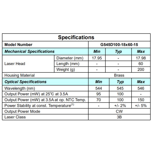 Beam Mode Near TEM00 100mW 545nm 555nm Green Laser Module with Good Beam Spot