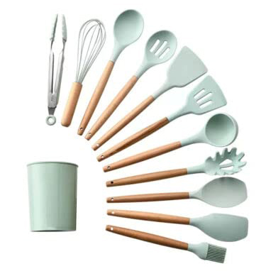 18-Piece Green Silicone Cookware Set with Storage Bucket Non-stick Spatula Included