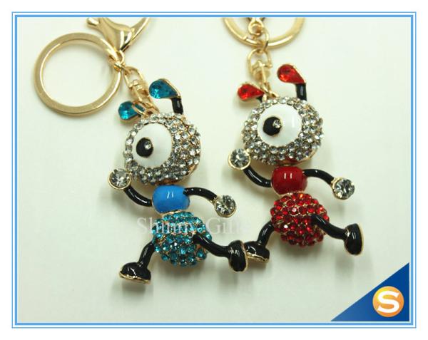 Customized Gold Plated Insect Keyring Blue And Red Ant Rhinestone Crystal Metal Key Chain