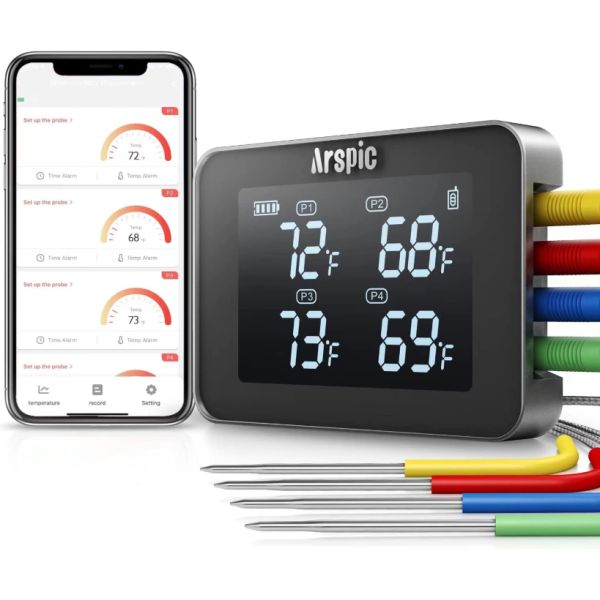 SS304 Grill / Barbecue Meat Thermometer Bluetooth Remote Monitor with 4 probes