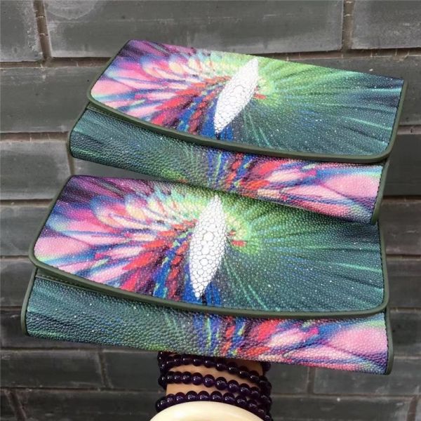 Thailand Authentic Stingray Skin Female Large Wallet Genuine Leather Lady Green Clutch Purse Women's Card Holders
