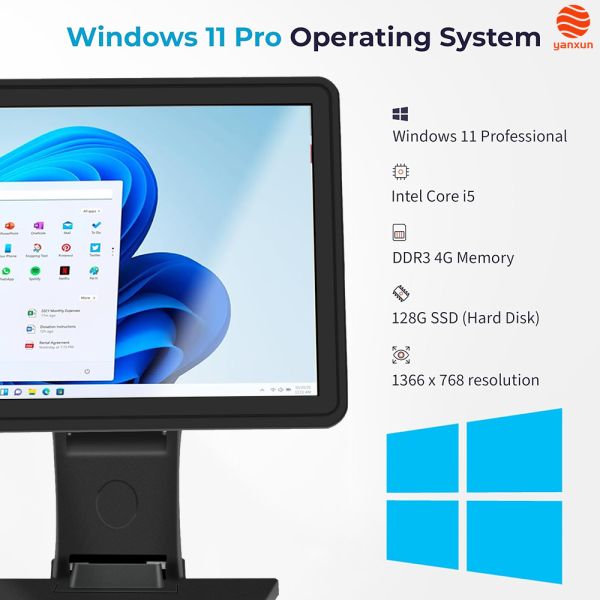 15.6” 10-Point Touch POS Machine  Windows 11 Pro/Android 11, Core i5/2GB RAM, 128GB/32GB Storage, Multi-Port Connectivity for Retail & Hospitality