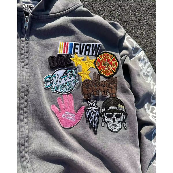 Autumn Custom Men'S Stone Acid Wash Cropped Boxy Embroidered Zip Up Hoodie Embroidered Vintage Sweatshirts