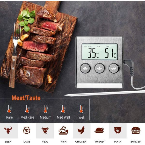 Момент времени прочитал термометр БАРБЕКЮ мяса цифров варя с зондом нержавеющей стали