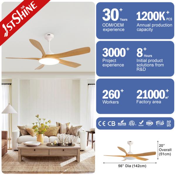 Ventilador de techo de 56 pulgadas con luz LED Motor de CC, 5 cuchillas, pantalla de lámpara acrílica