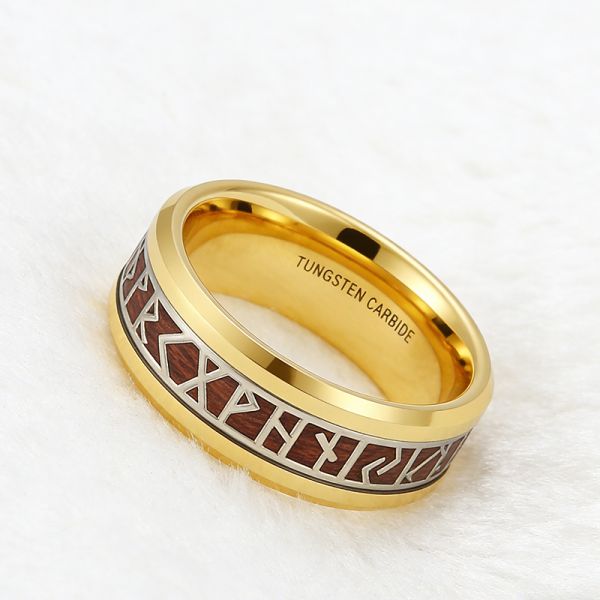 24K Gold Plated Tungsten Wedding Band with Viking Rune & Hawaii Koa Wood Inlay - Scratch & Deformation Proof