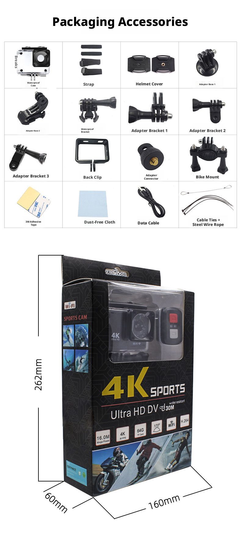 DLC 4K 60FPS 30M Waterproof Sports Cam EIS Stabilizer 2 Inch Display 170 View WiFi Control Wrist Remote Dual Dash Cam Outdoor