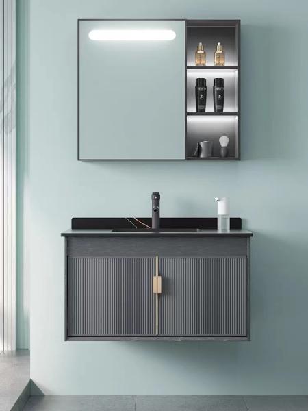 Grey Black Ceramic Wash Basin Cabinet Set Aluminium Mirrored Bathroom Cabinet Vanity