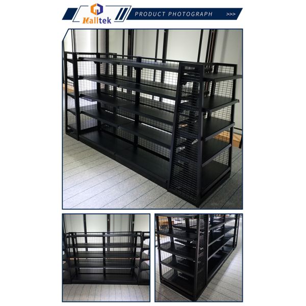 Тяжелая холоднокатаная стальная гондола Экранная стойка Поставка продуктового магазина в черном