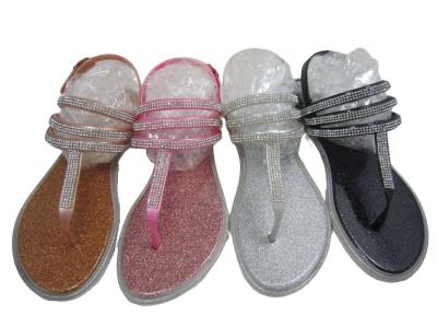 Rhinestone Thong With 3 Strips Sandal Flat Women Outdoor PVC Crystal Sandals Tiano