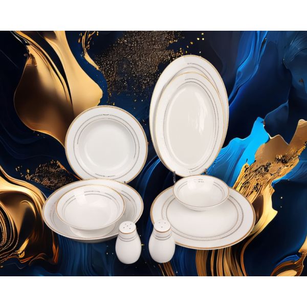 35pcs superwhite porcelain dinning set  with blue embossed flower and gold patterm