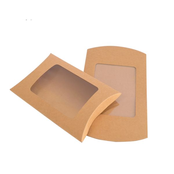 Custom Printed Kraft Paper Pillow Box with Clear Window – Eco-Friendly Packaging for Gifts & Retail
