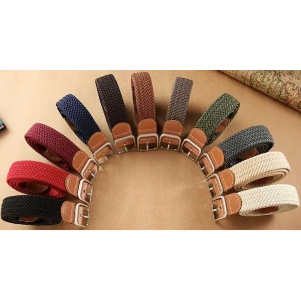 Canvas Woven Belt, Leather Trim Belt, Silver Buckle, Stretch Belt, Two-Tone Casual Belt, Versatile Belt for Jeans