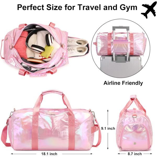 Water Resistant Polyester Metalic Pink Color Overnight Weekender Gym Dance Bag with Wet pocket