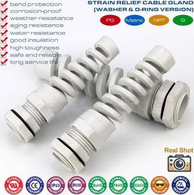 Strain Relief Flexible Cable Glands, Spiral, Nylon 6 (PA6), G1/4~G3/4 Thread, IP68, Gray RAL7035 or Black RAL9005