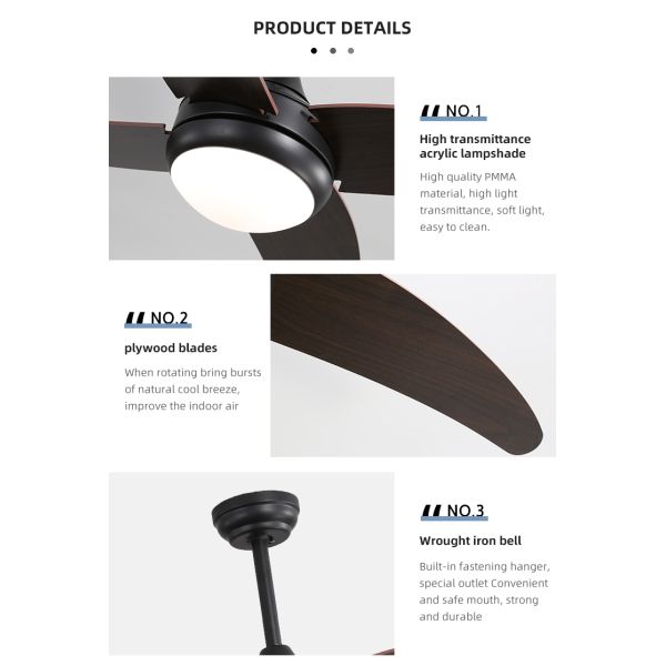 3000-5000K 50000Hour Iron Plywood Metal Blade Ceiling Fan Lamp Energy Saving