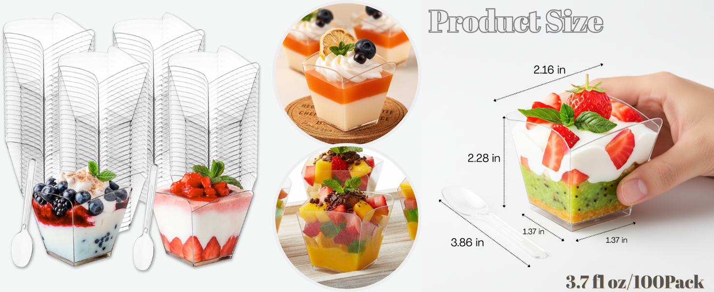 4 Oz Square Plastic Dessert Cups With Spoons, Clear Parfait Appetizer Cups, Mini Party Trifle Shooter Serving Cup For Mousse, Puddings, Cocktails Appetizers Fruit
