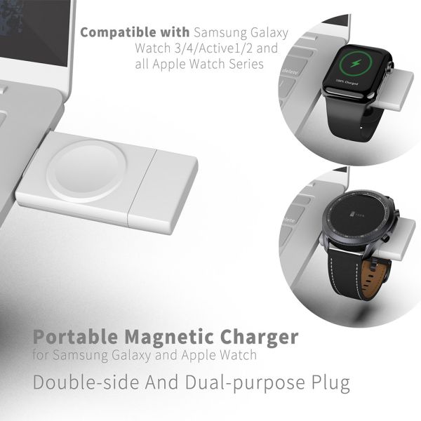 Компактный размер с двойным интерфейсом USB A & USB C Беспроводное зарядное устройство для часов Apple Watch и Samsung Watch