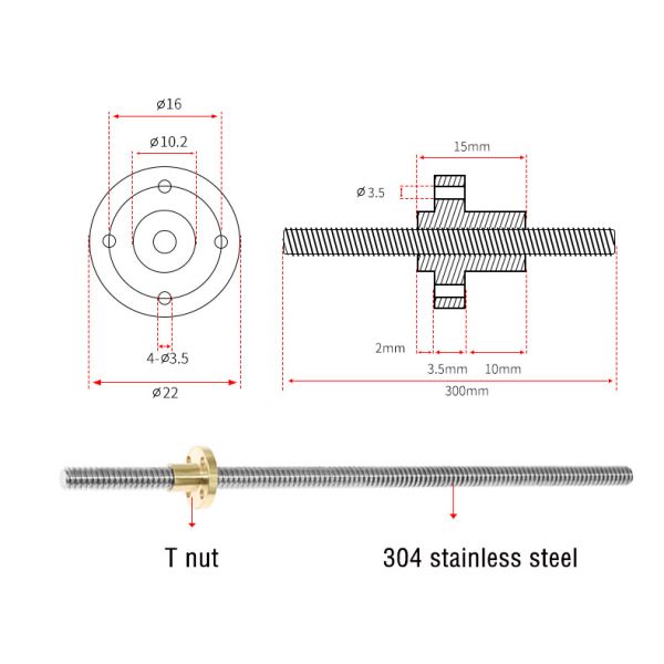Diameter 8mm 3D Printer T8 Stepper Motor Screw 304 Stainless Steel