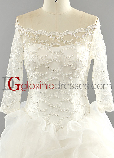 2013 A-line Off-the-shoulder Train Lace Beaded Organza Ivory Bridal dresses BDGD1007
