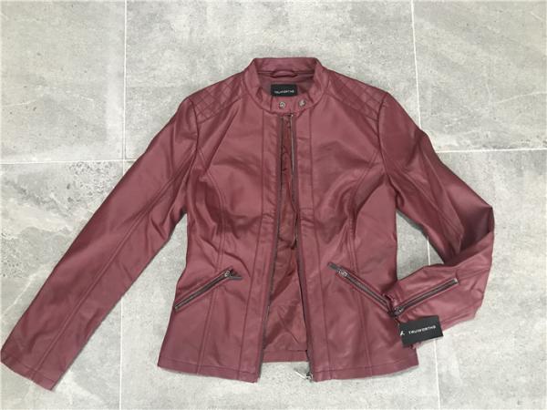 Mandarin Collar Womens PU Leather Jacket , Burgundy Pleather Biker Jacket TW75801