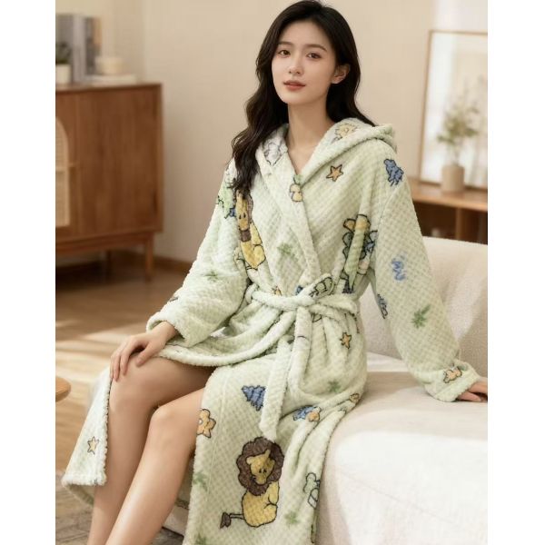 Women's Cute Lion Print Hooded Waffle Fleece Bathrobe