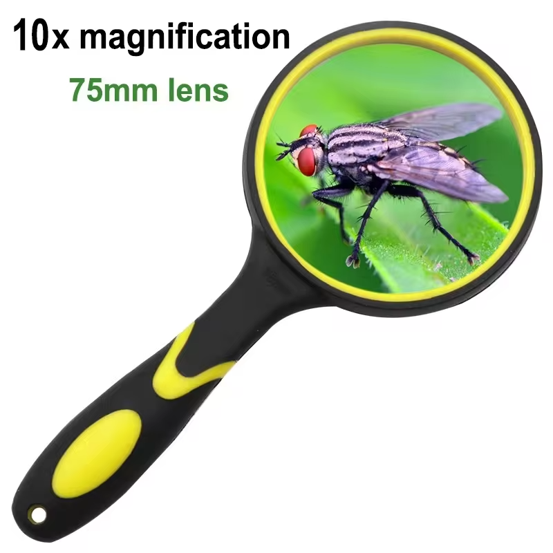 Portable 10X Glass Lens Handheld Magnifier with Rubber Handle for Reading Newspaper Jewelry Other Tasks