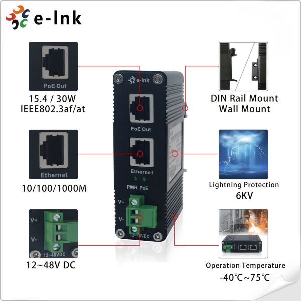 DIN Rail Industrial 802.3at 30W Гигабитный PoE инжектор адаптер 12 ~ 48V постоянного тока