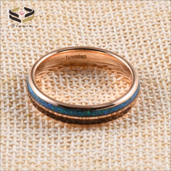 Anniversary Essential 5mm Rose Gold Women's Tungsten Ring with Wood Inlay and Opal Detail