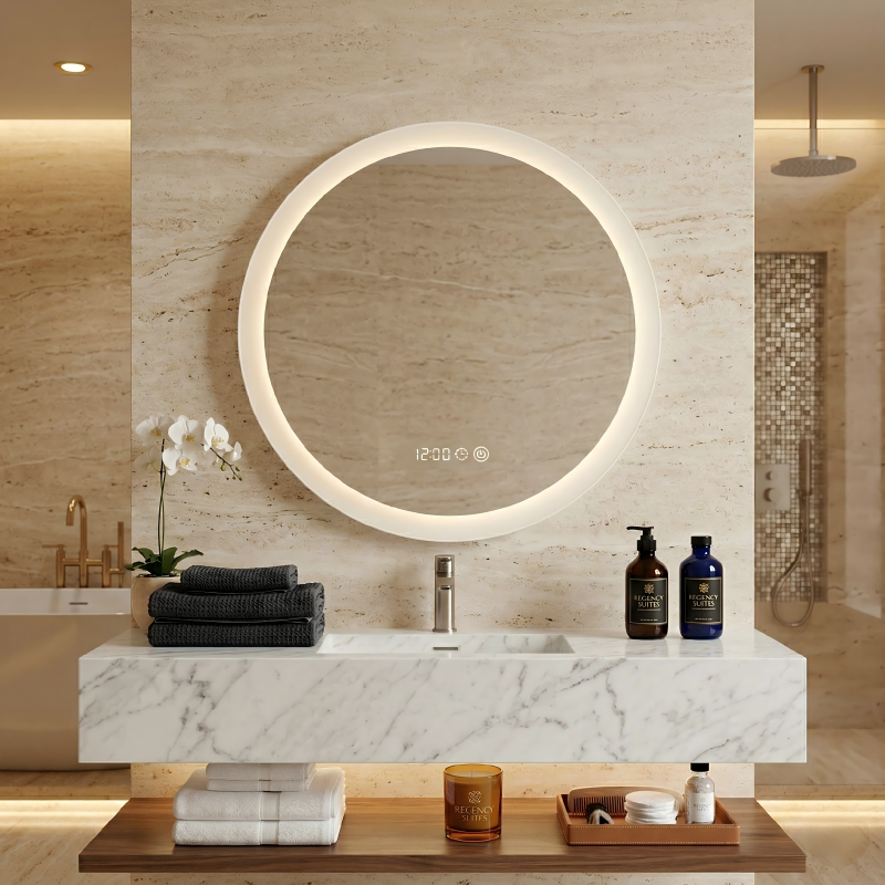 Kingstin Smart Round LED Bathroom Mirror Anti-Fog Dimmable 3-Color Light Frameless Vanity Wall Mirror