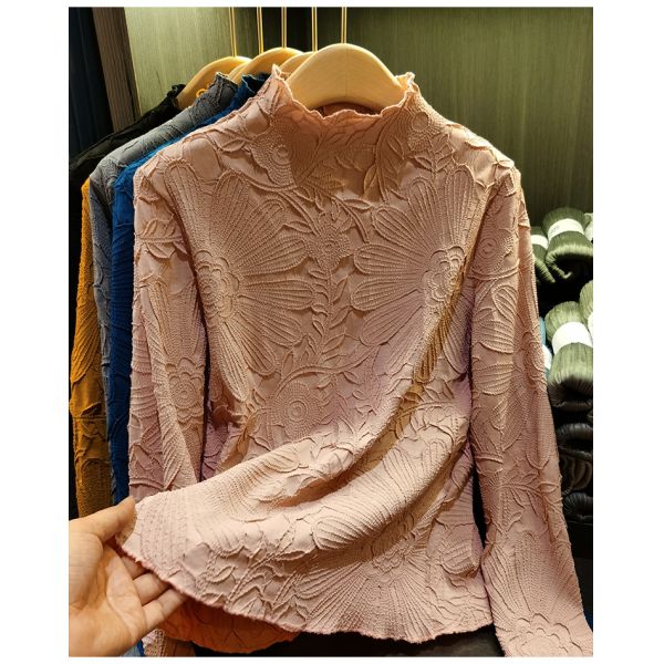 Japanese Pleated Stand Collar Long Sleeve T-shirt Top Printed Pleated Embodying Pleated Process Makes Flower Fashionable