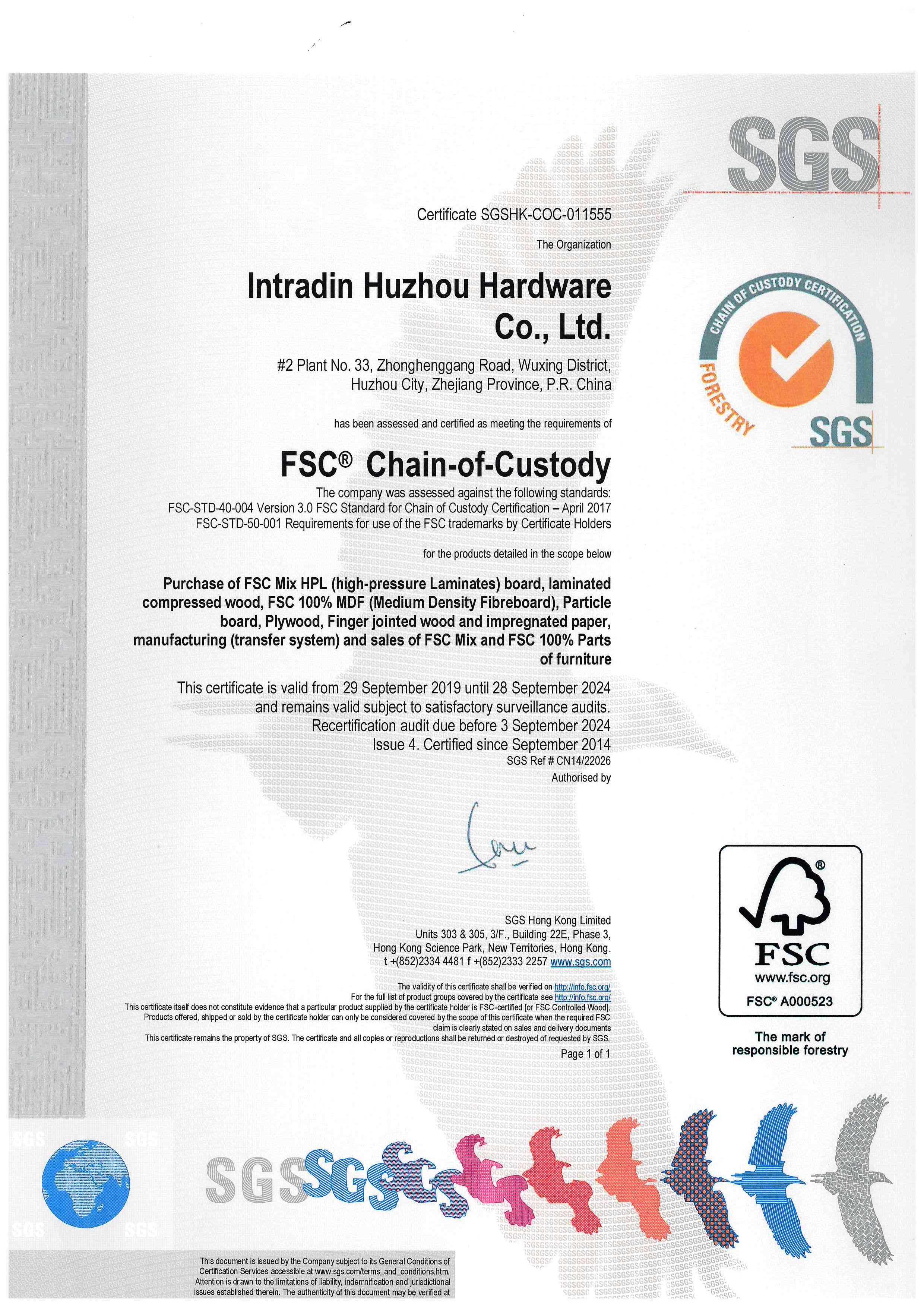 Intradin (Shanghai) Hardware Co., Ltd. Сертификации