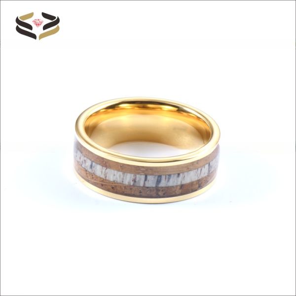 Wedding Whiskey Barrel Wood Antler Ring Inlay Gold Custom Tungsten Carbide Rings Men