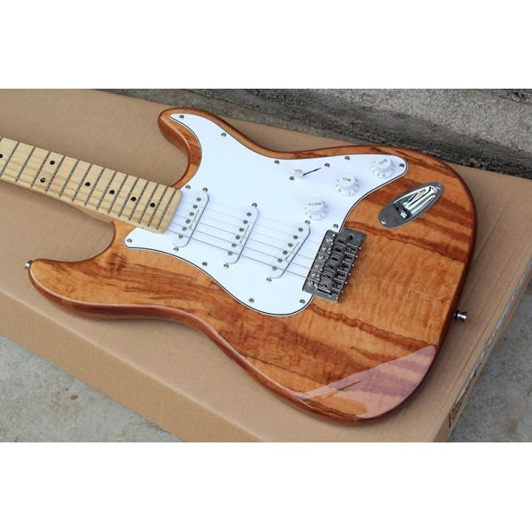Natural Wood Mahagany Body Electric Guitar with SSS Pickup,White Pickguard,Maple Fingerboard
