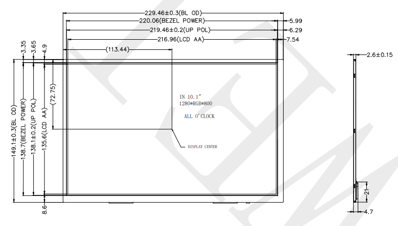 8-битный LVDS Industrial 350 Яркость TFT дисплей 10,1 дюйма 1280x800 пикселей EK79202